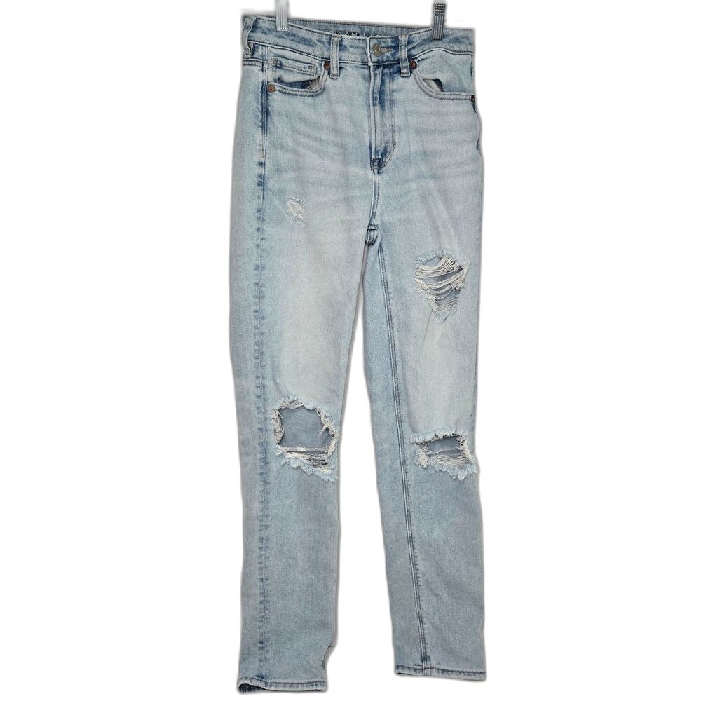 American Eagle Mom Straight Jeans | Women's Size 0 X-Long | Distressed Denim